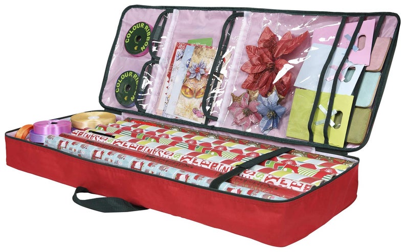 Primode Christmas Wrapping Paper Storage Bag with Pockets | Gift Wrap Organizer Container | 37â€ x 14â€ x 4â€ | Underbed Durable Box Made of 600D Oxford Material (Red) - Image 1